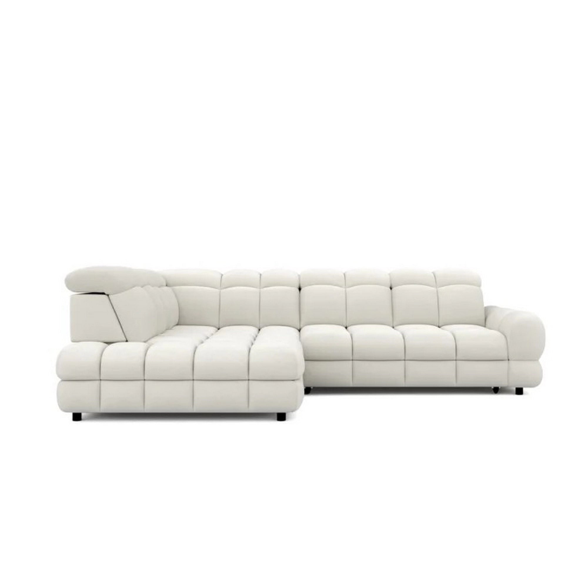 Coltar extensibil TOLLO L, sezlong stanga, stofa buclata alb - Bubble 01, cu lada depozitare si reglaj electric, 302x220x106 cm
