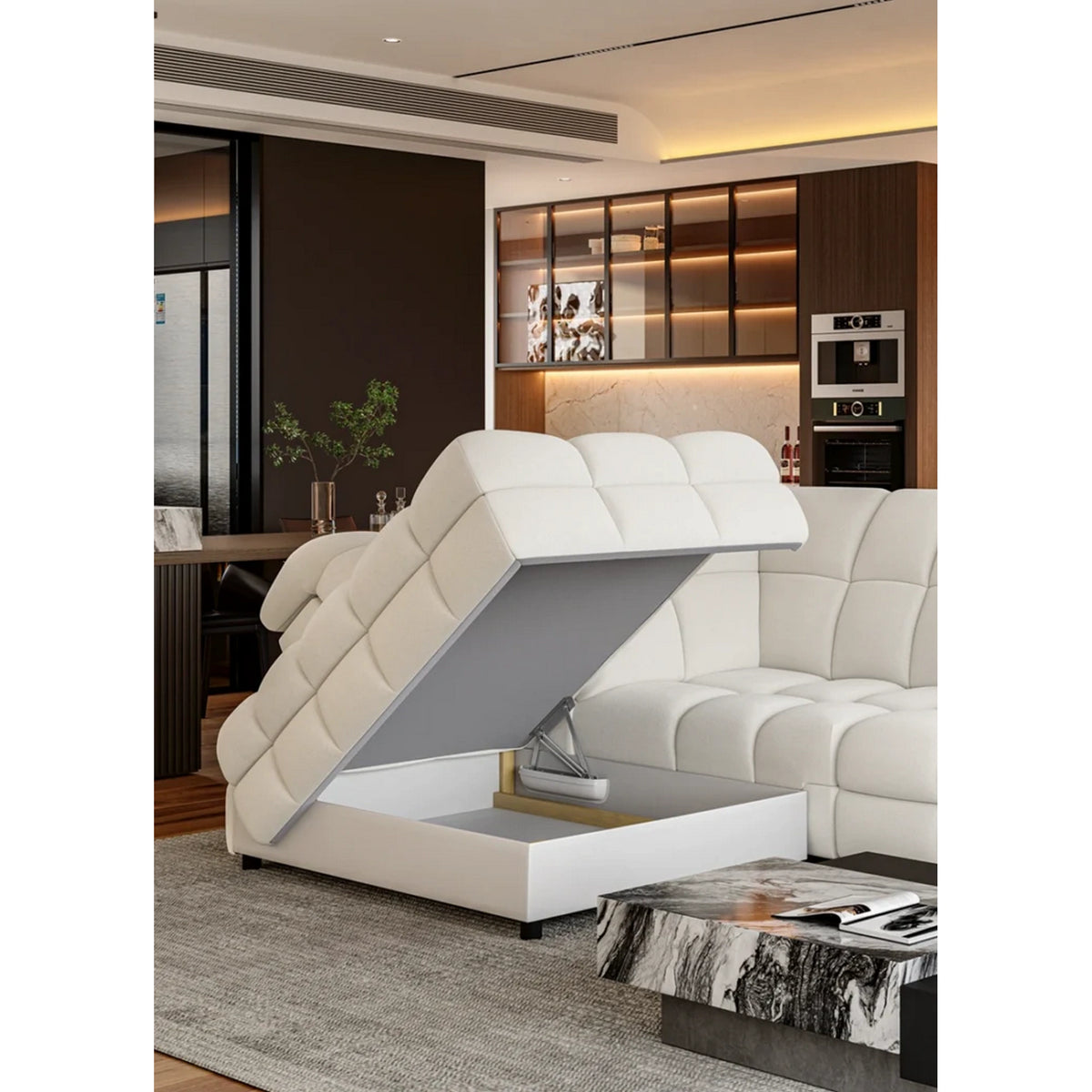Coltar extensibil TOLLO L, sezlong stanga, stofa buclata alb - Bubble 01, cu lada depozitare si reglaj electric, 302x220x106 cm