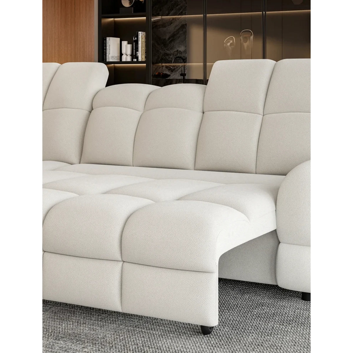 Coltar extensibil TOLLO L, sezlong stanga, stofa buclata alb - Bubble 01, cu lada depozitare si reglaj electric, 302x220x106 cm