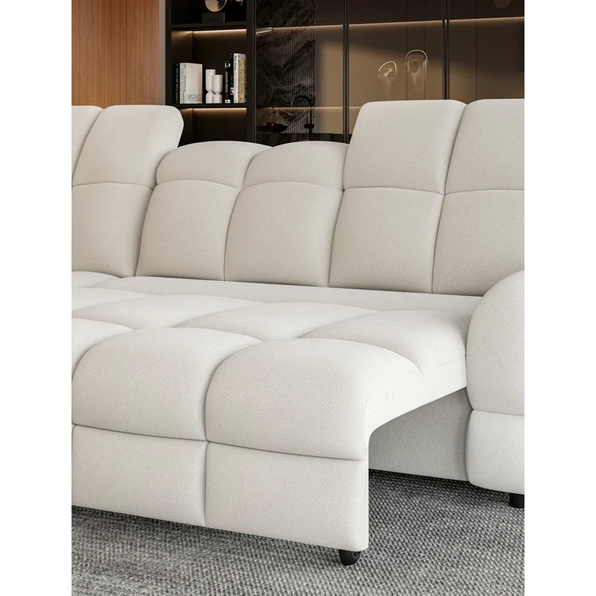 Coltar extensibil TOLLO L, sezlong stanga, stofa buclata alb - Bubble 01, cu lada depozitare si reglaj electric, 302x220x106 cm