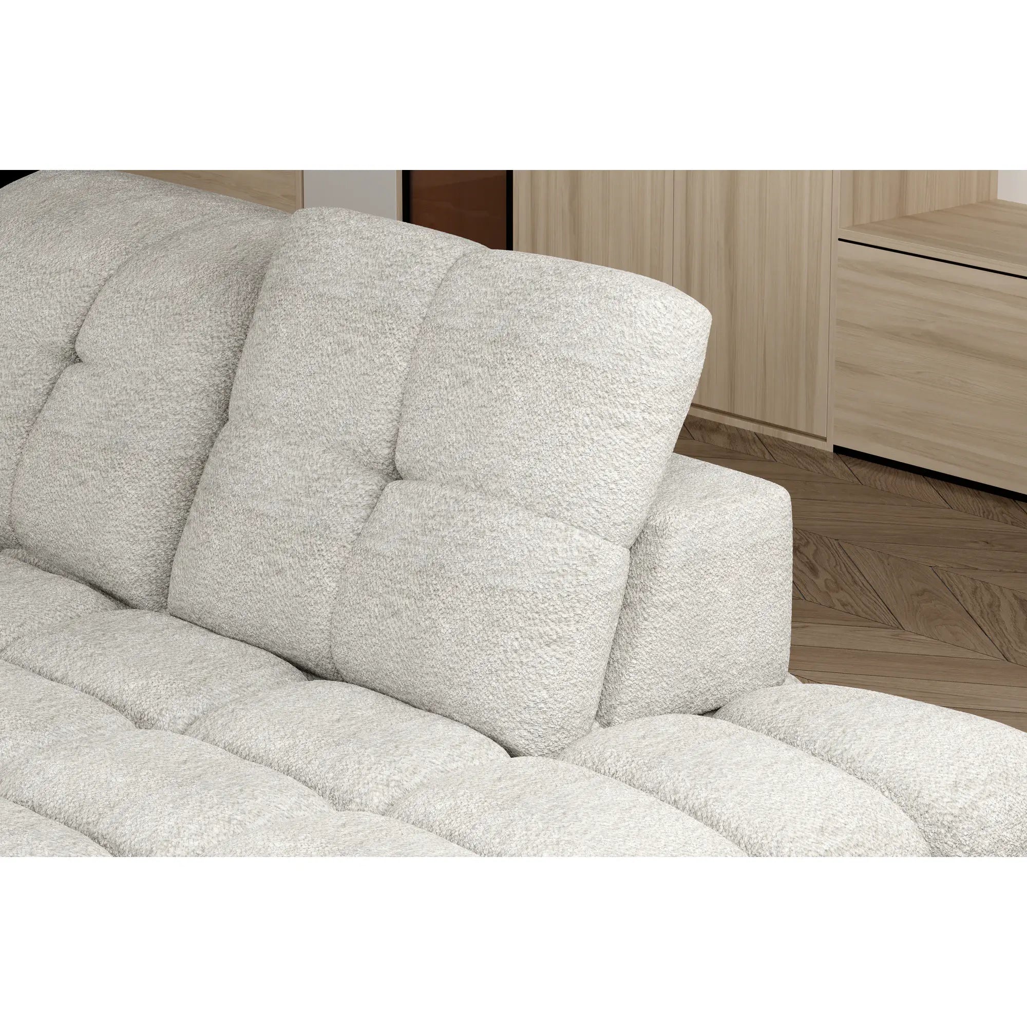 Coltar extensibil TOLLO L, sezlong stanga, stofa buclata alb - Bubble 01, Gama Premium, cu lada depozitare si reglaj electric, 302x217x105 cm