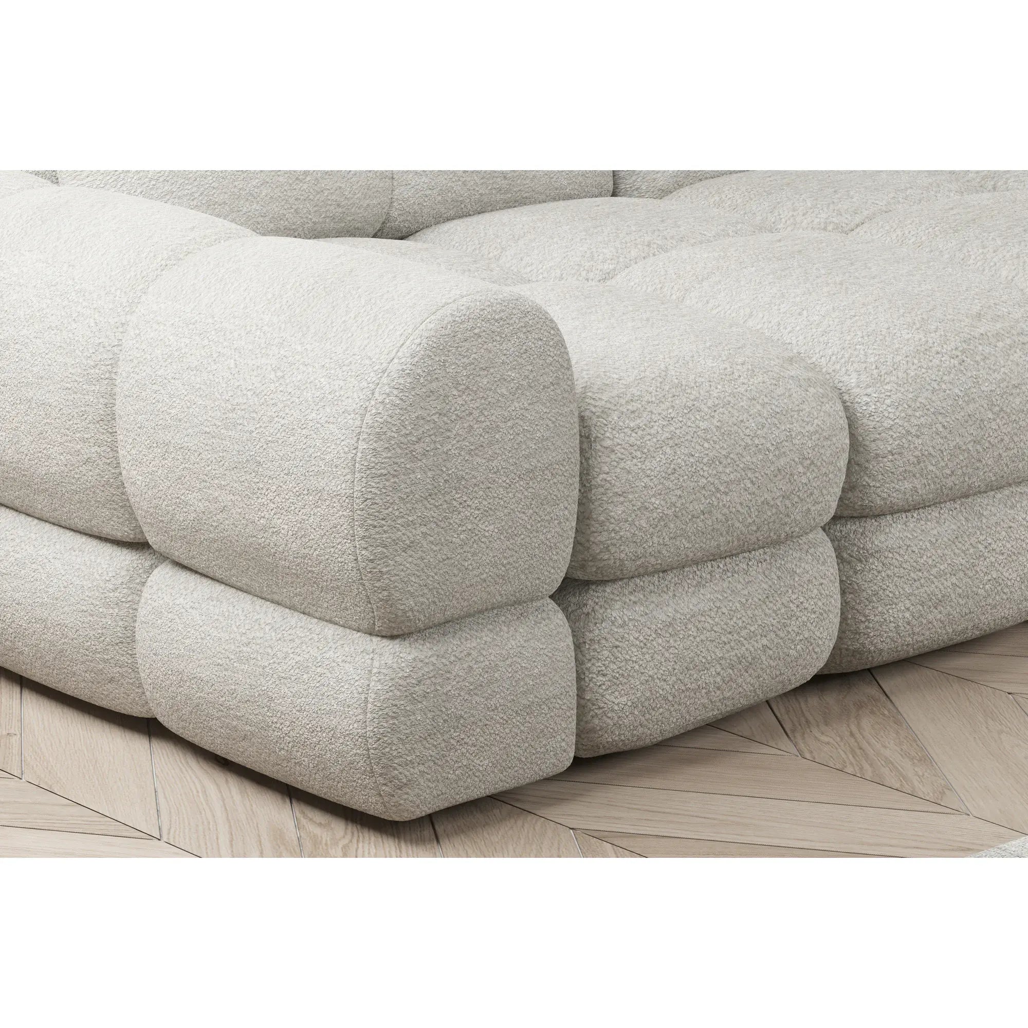 Coltar extensibil TOLLO L, sezlong stanga, stofa buclata alb - Bubble 01, Gama Premium, cu lada depozitare si reglaj electric, 302x217x105 cm