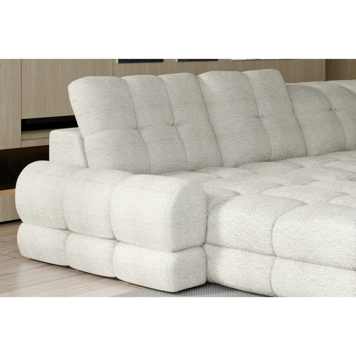 Coltar extensibil U TOLLO XL, sezlong dreapta, stofa catifelata bej - Whisper 3, Gama Premium, cu lada depozitare si reglaj electric, 400x217x105 cm