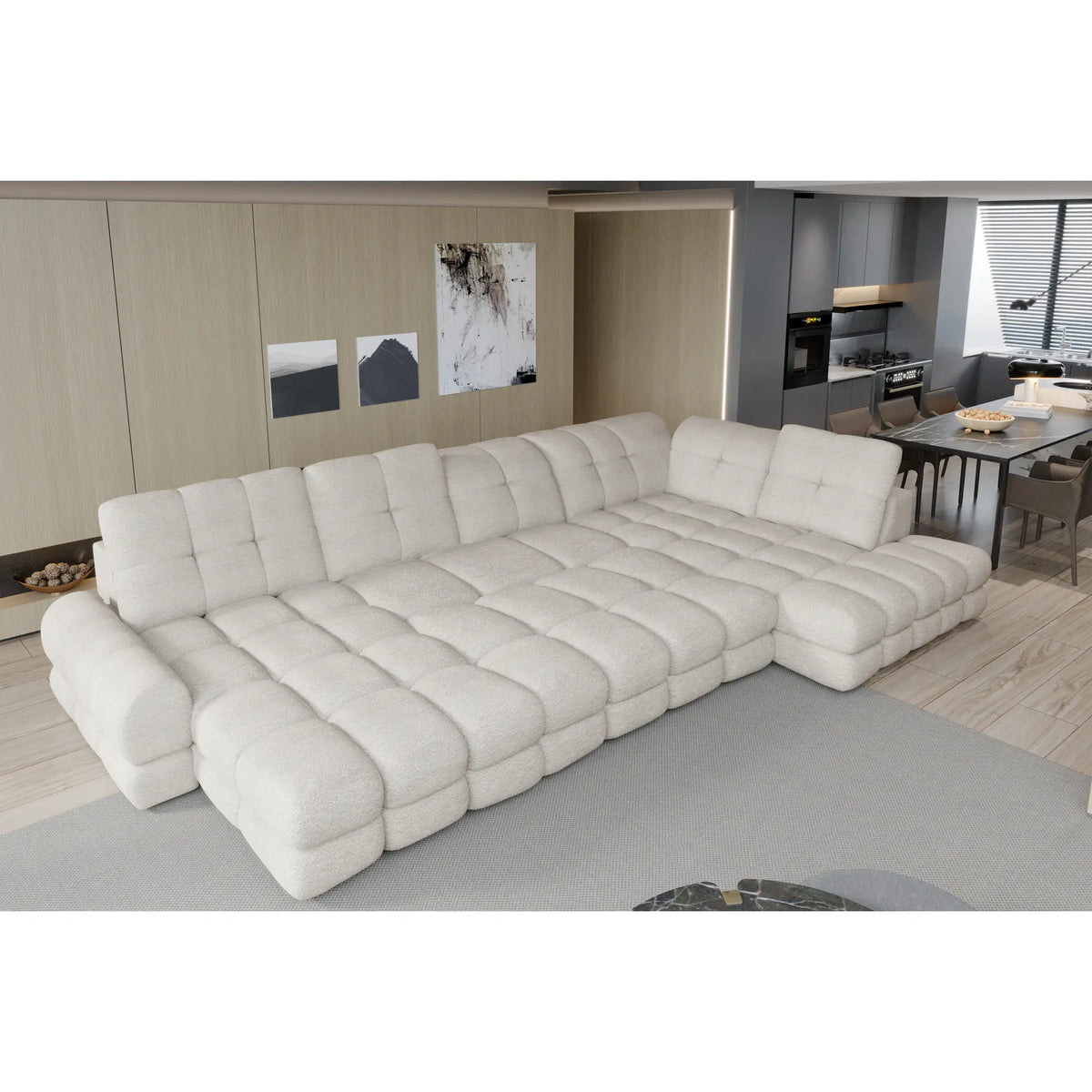 Coltar extensibil U TOLLO XL, sezlong dreapta, stofa catifelata bej - Whisper 3, Gama Premium, cu lada depozitare si reglaj electric, 400x217x105 cm