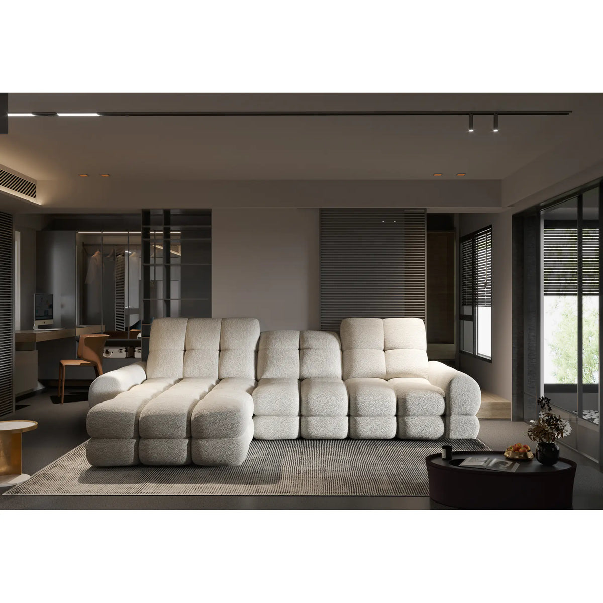 Coltar extensibil TOLLO MINI, sezlong stanga, stofa catifelata crem - Riviera 21, cu lada depozitare, 283x171x105 cm