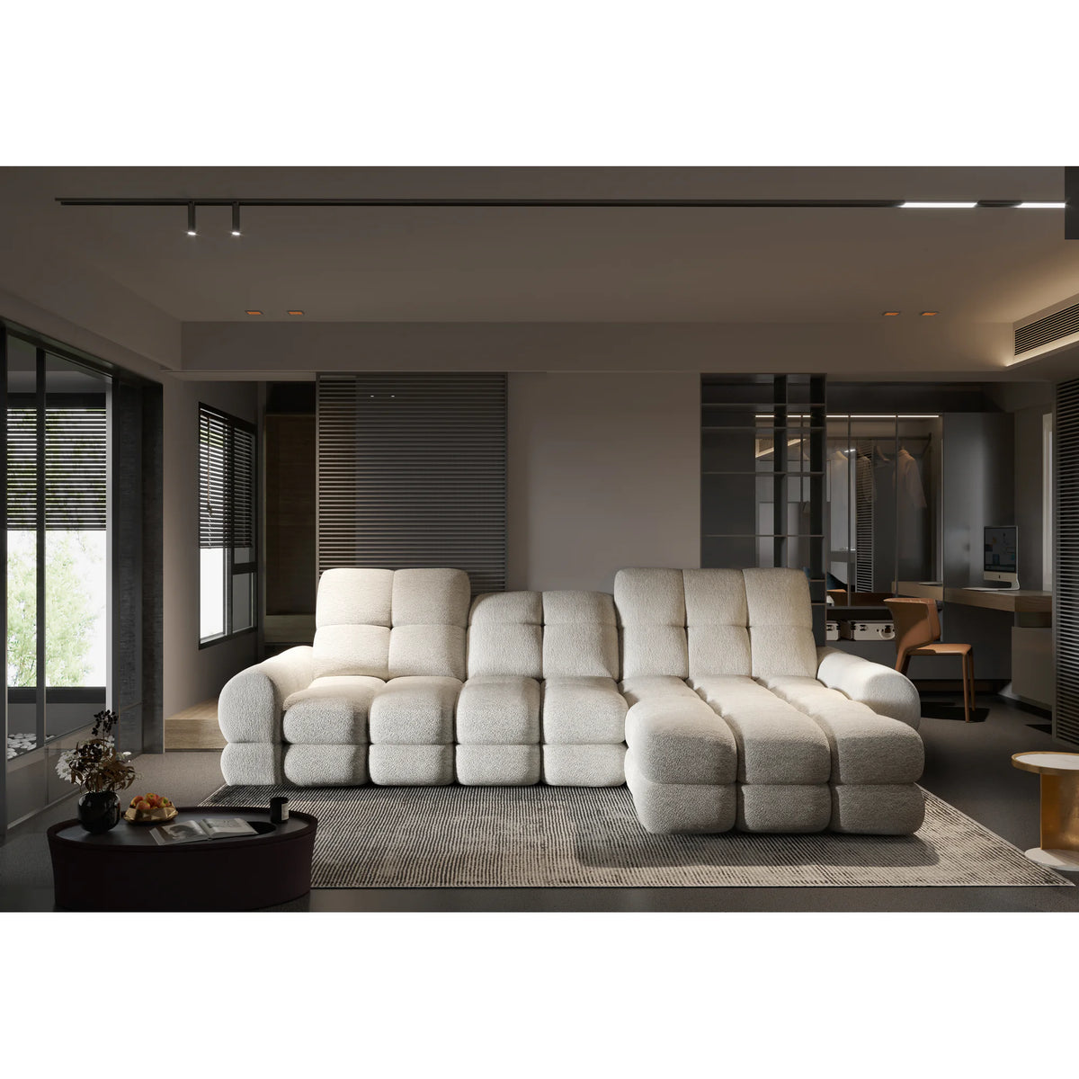 Coltar extensibil confortabil TOLLO MINI, sezlong dreapta, stofa catifelata verde inchis - Element 12, Gama Premium, cu lada depozitare si reglaj electric, 283x171x105 cm