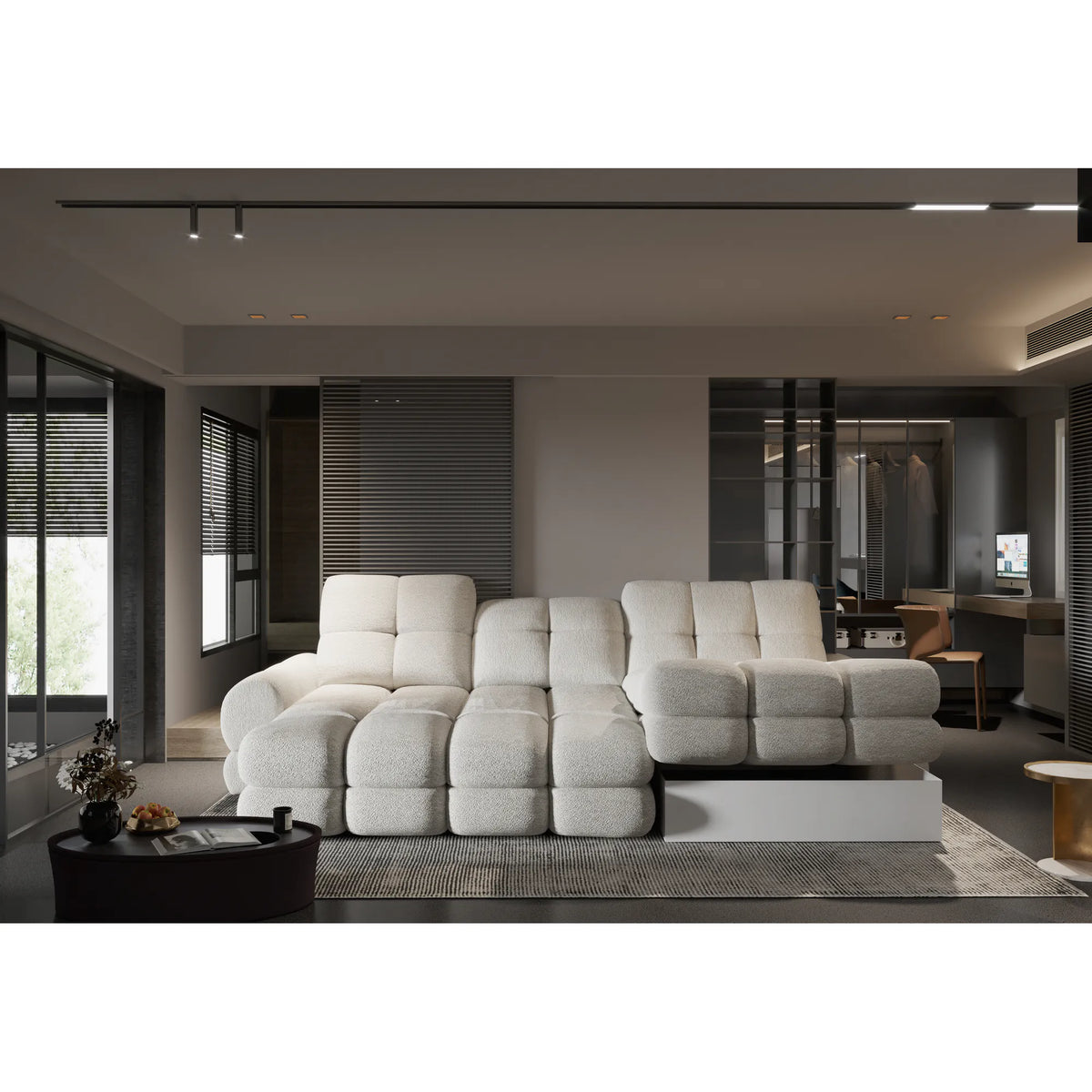 Coltar extensibil TOLLO MINI, sezlong dreapta, stofa catifelata galben mustar - Monolith 48, gama Oferta Avantaj, cu lada depozitare si reglaj electric, 283x171x105 cm
