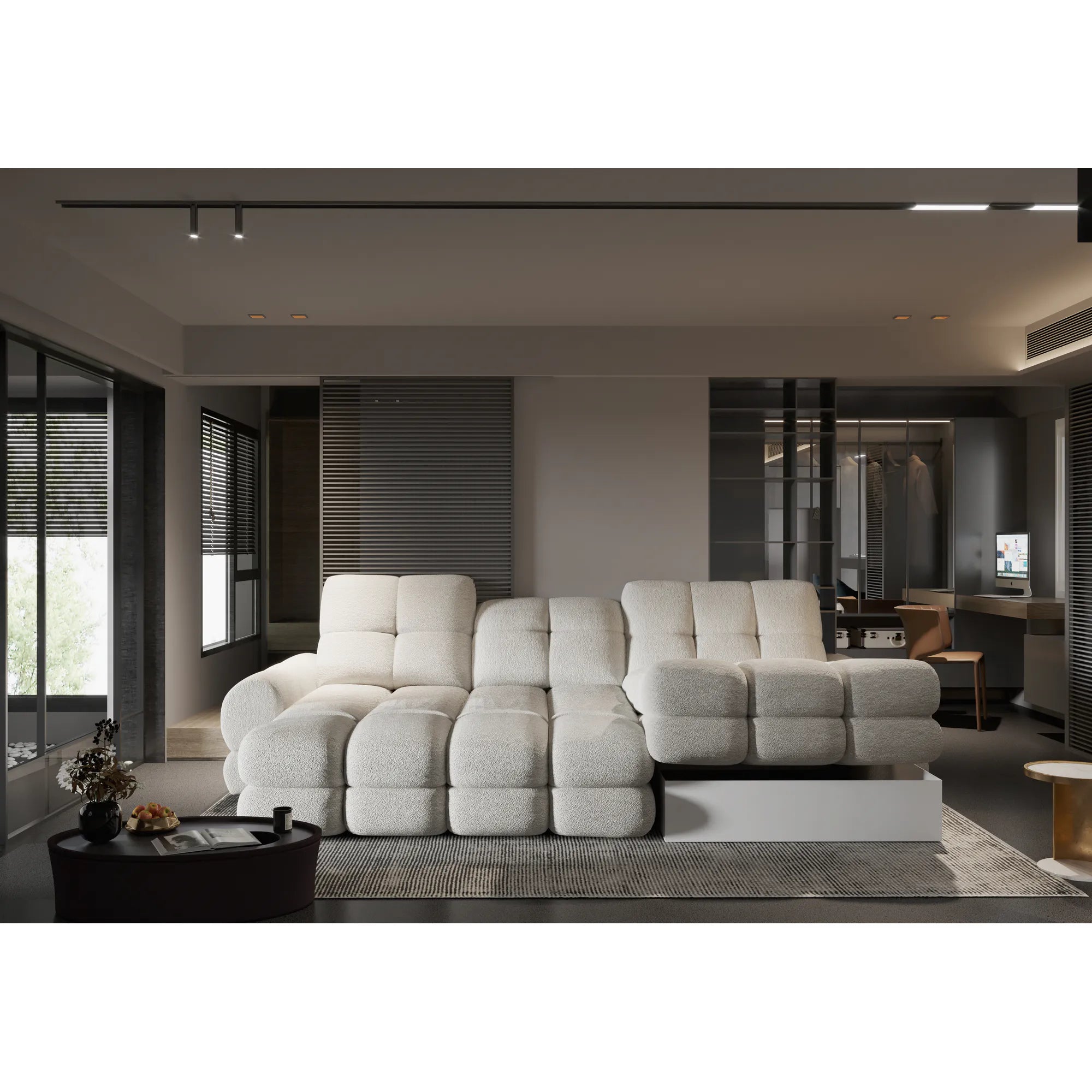 Coltar extensibil TOLLO MINI, sezlong dreapta, stofa catifelata galben mustar - Monolith 48, gama Oferta Avantaj, cu lada depozitare si reglaj electric, 283x171x105 cm