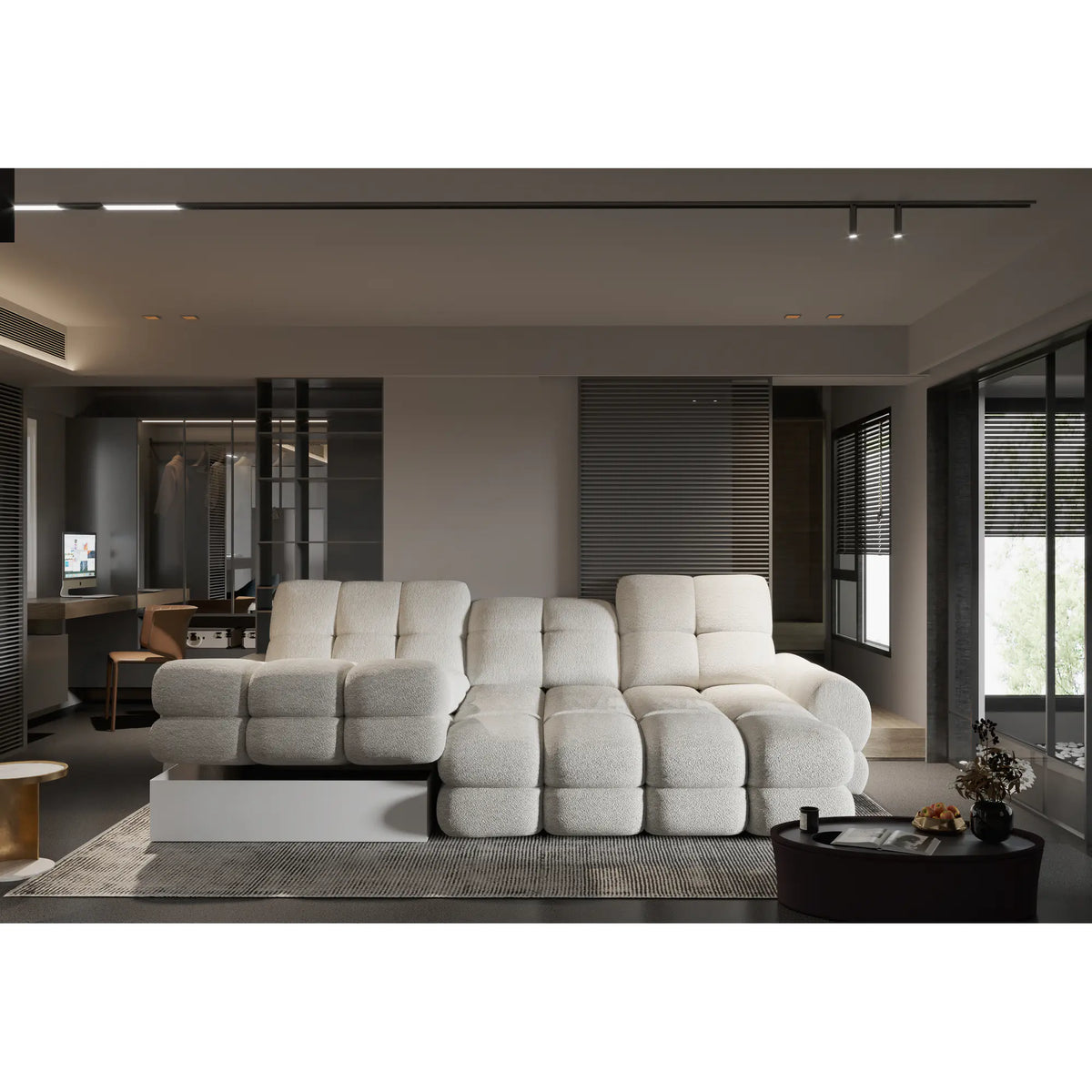 Coltar extensibil TOLLO MINI, sezlong stanga, stofa catifelata crem - Riviera 21, cu lada depozitare, 283x171x105 cm