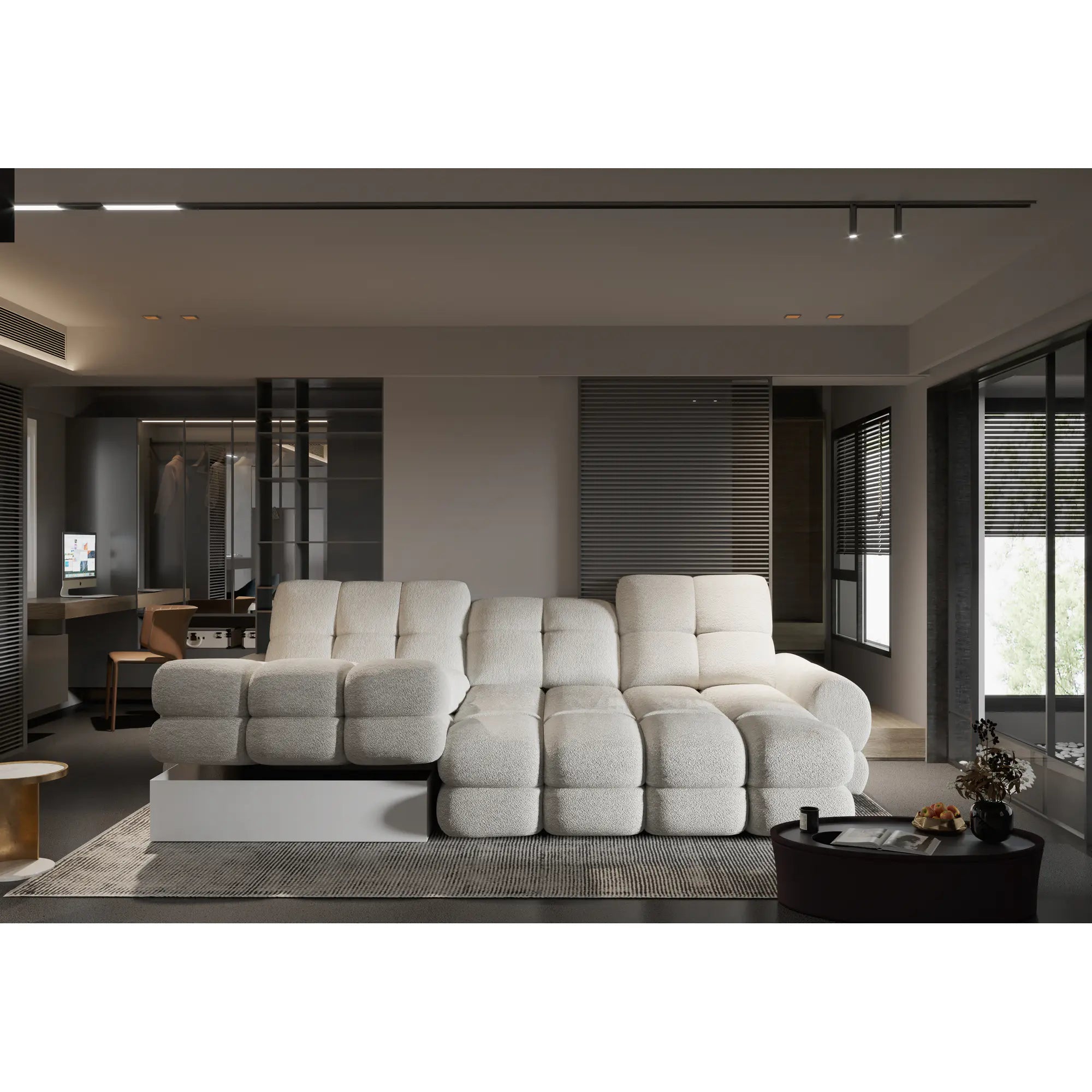 Coltar extensibil TOLLO MINI, sezlong stanga, stofa catifelata crem - Riviera 21, cu lada depozitare, 283x171x105 cm
