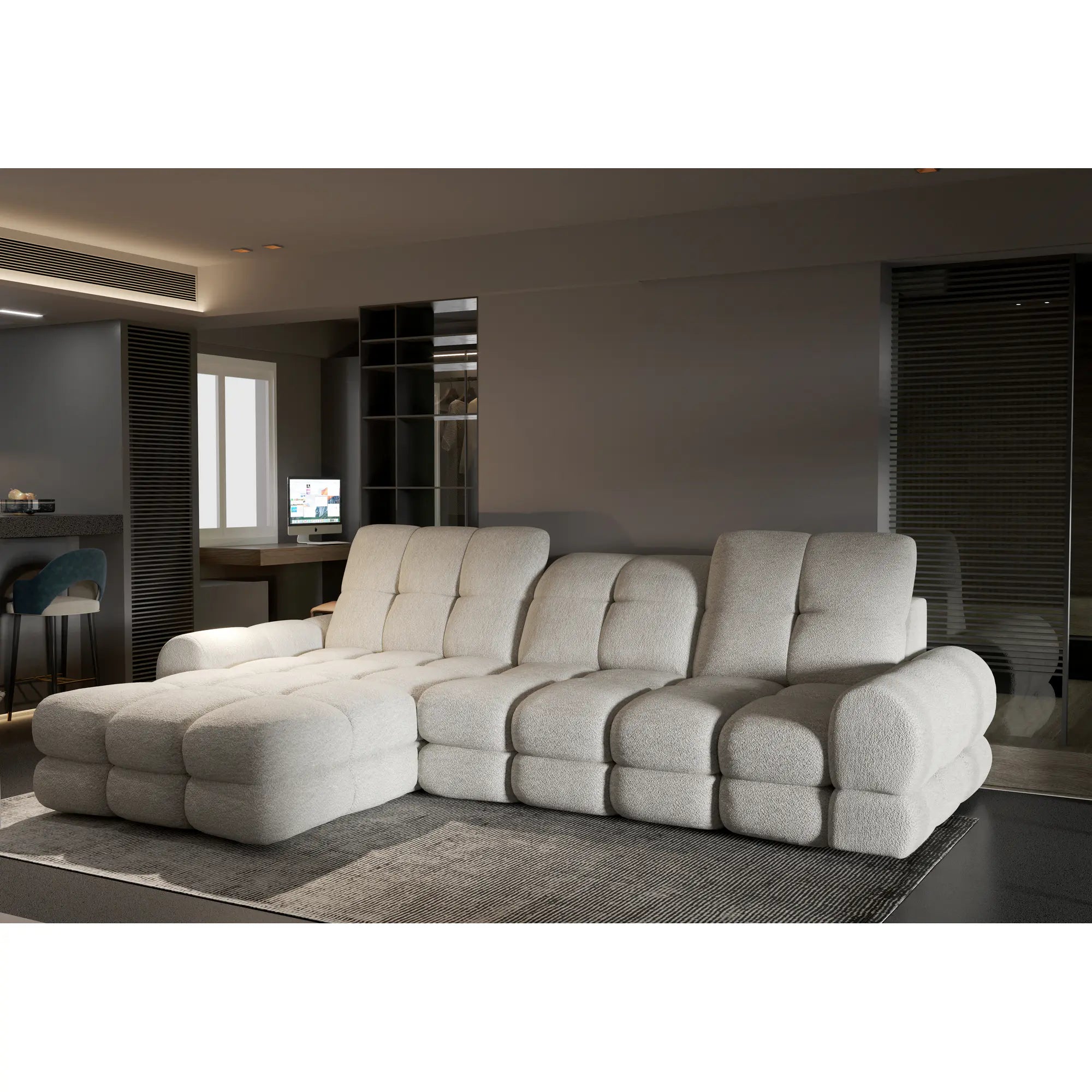 Coltar extensibil TOLLO MINI, sezlong stanga, stofa catifelata crem - Riviera 21, cu lada depozitare, 283x171x105 cm