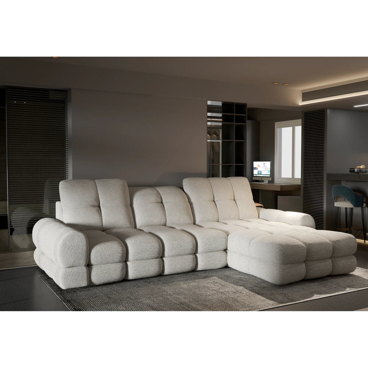 Coltar extensibil TOLLO MINI, sezlong dreapta, stofa catifelata galben mustar - Monolith 48, gama Oferta Avantaj, cu lada depozitare si reglaj electric, 283x171x105 cm