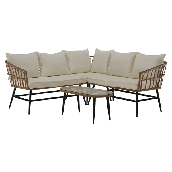 Set gradina ARALY, bej/negru, ratan sintetic/sticla/metal, cu masuta si canapea