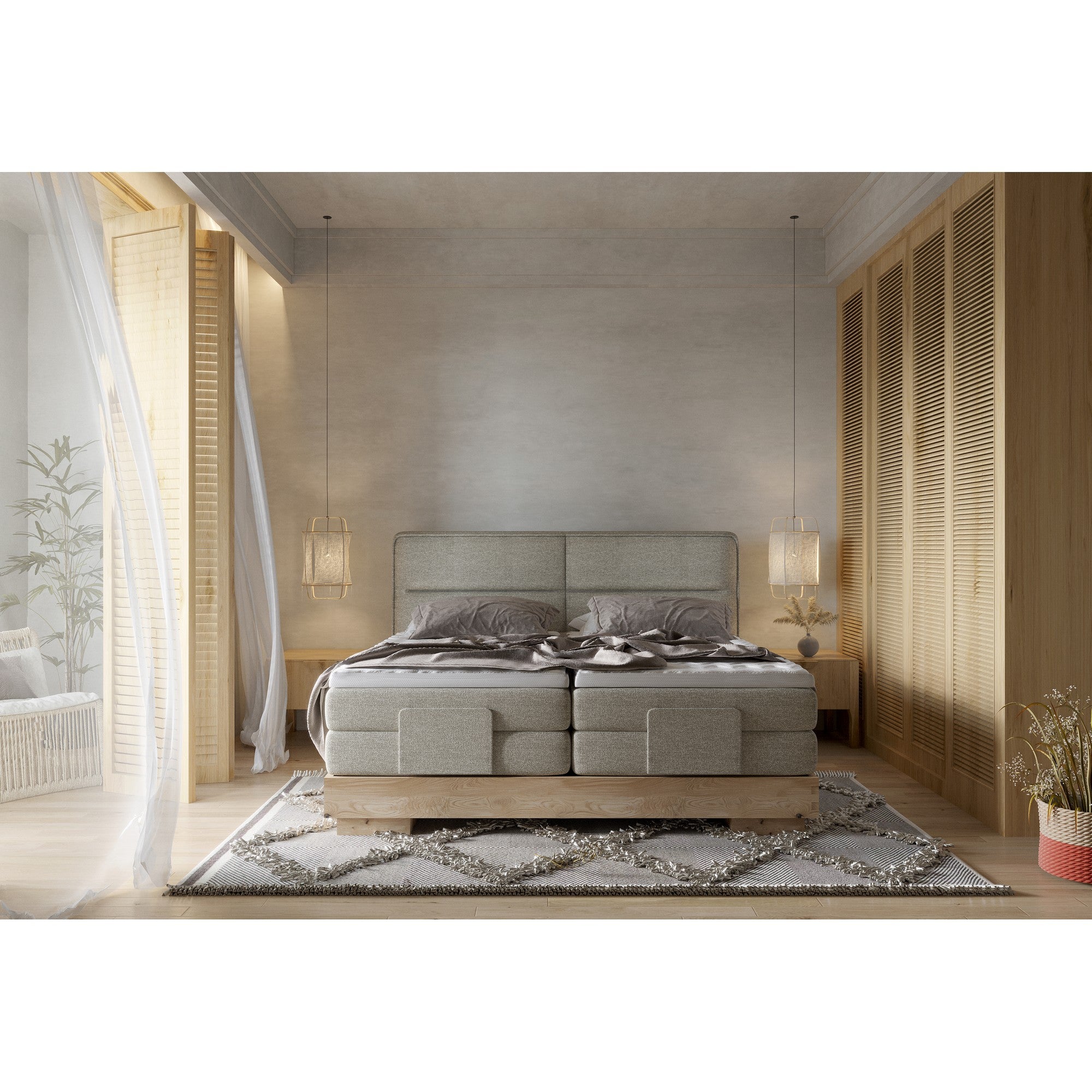 Pat boxspring VALSEN 180x200, personalizabil materiale Gama Premium, cu mecanism electric, saltele si topper