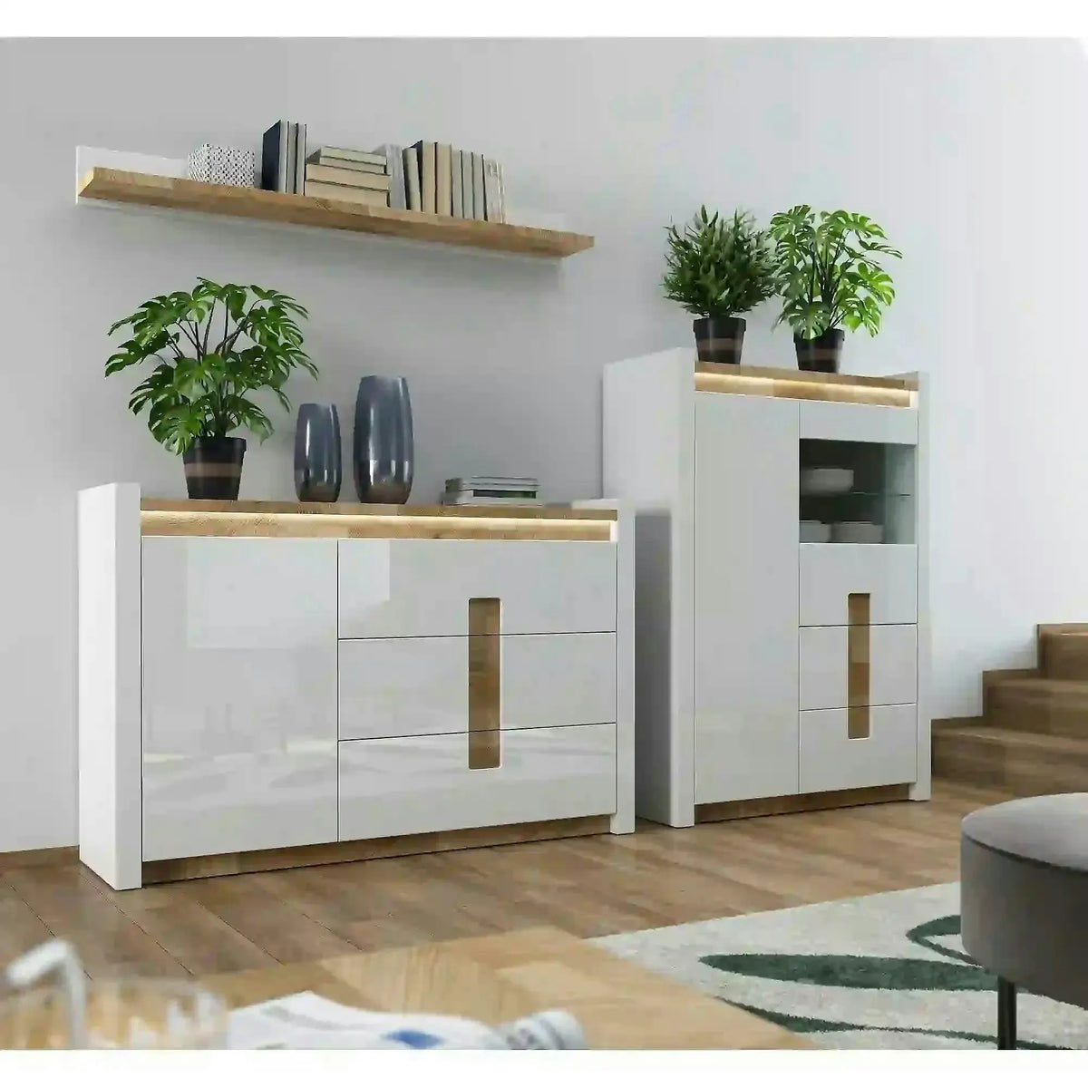 Vitrina ALAMEDA, alb/stejar, PAL/sticla securizata, 102x41x141 cm