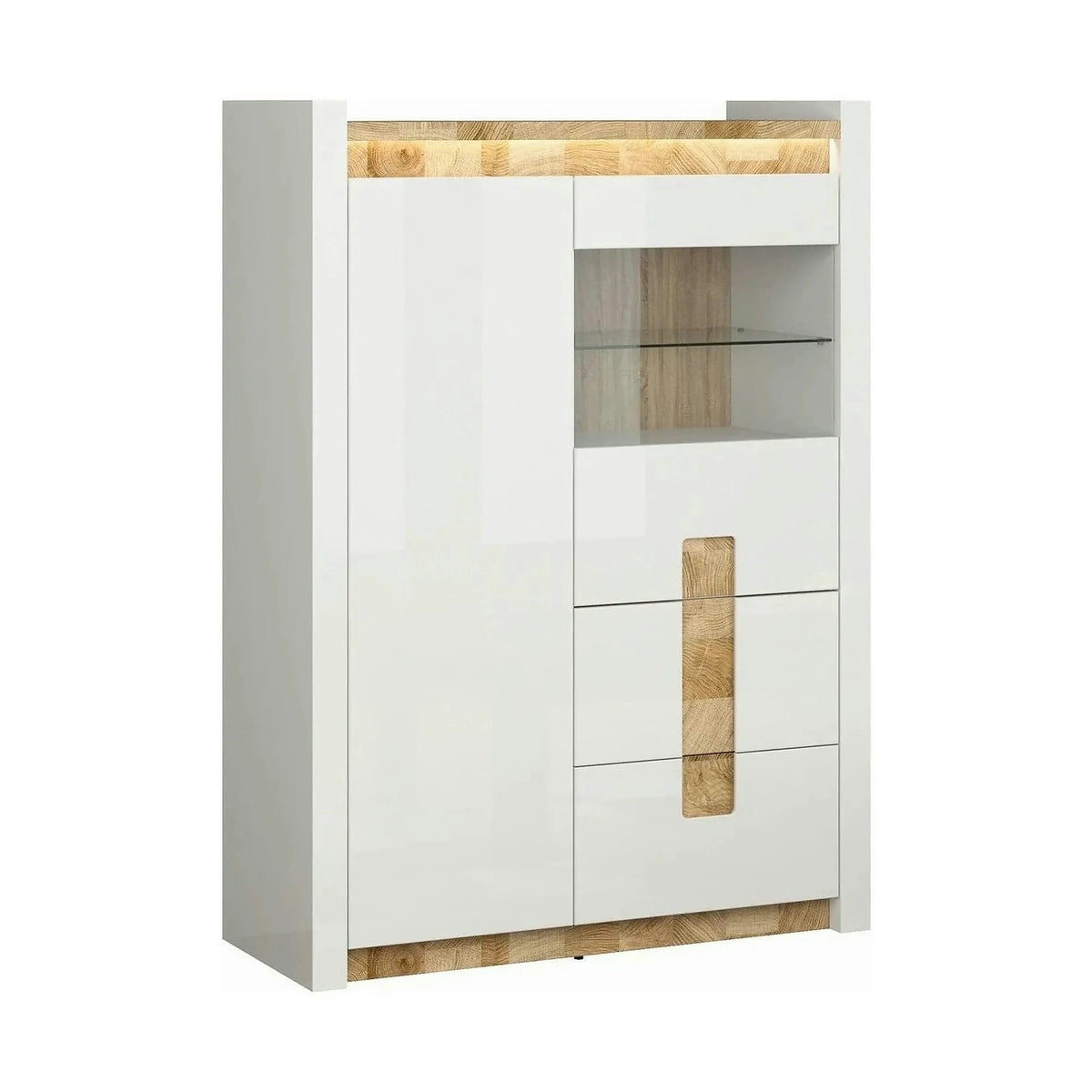 Vitrina ALAMEDA, alb/stejar, PAL/sticla securizata, 102x41x141 cm