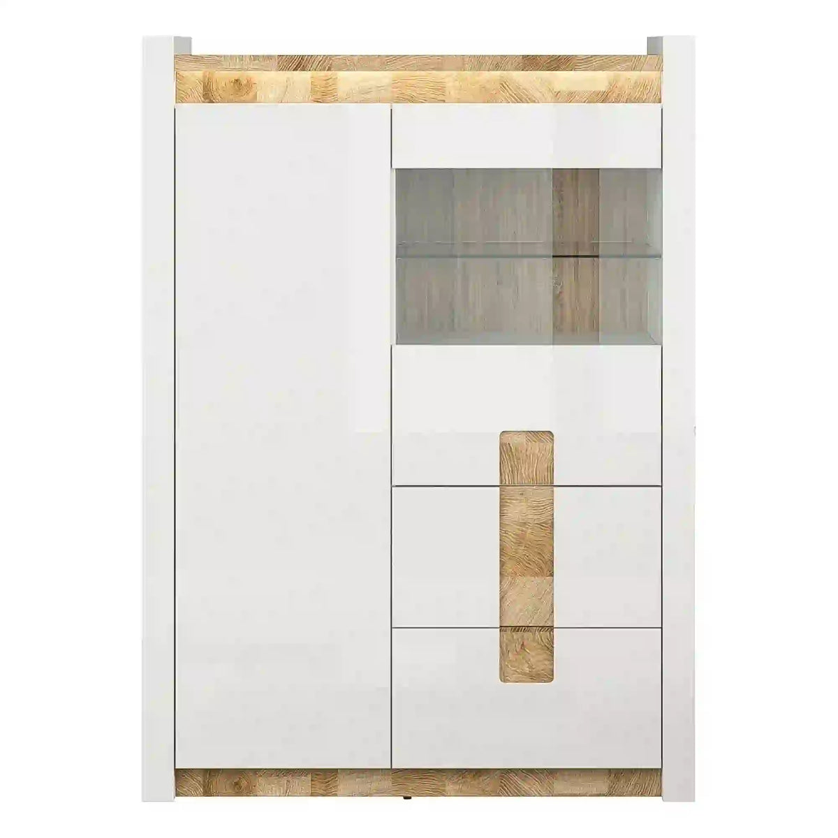 Vitrina ALAMEDA, alb/stejar, PAL/sticla securizata, 102x41x141 cm
