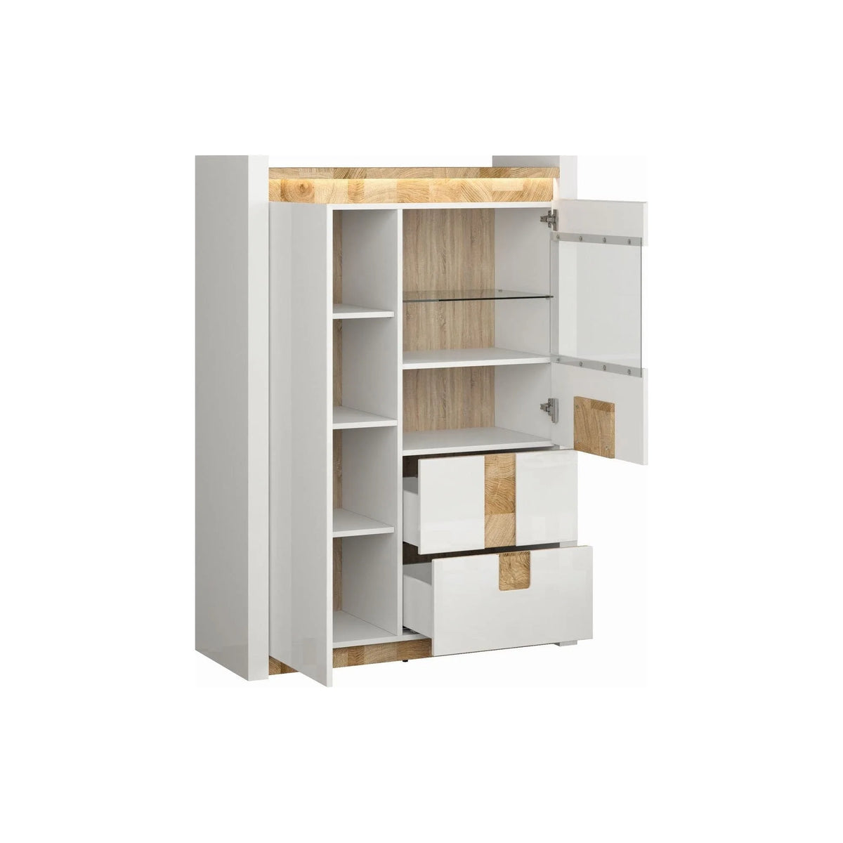 Vitrina ALAMEDA, alb/stejar, PAL/sticla securizata, 102x41x141 cm