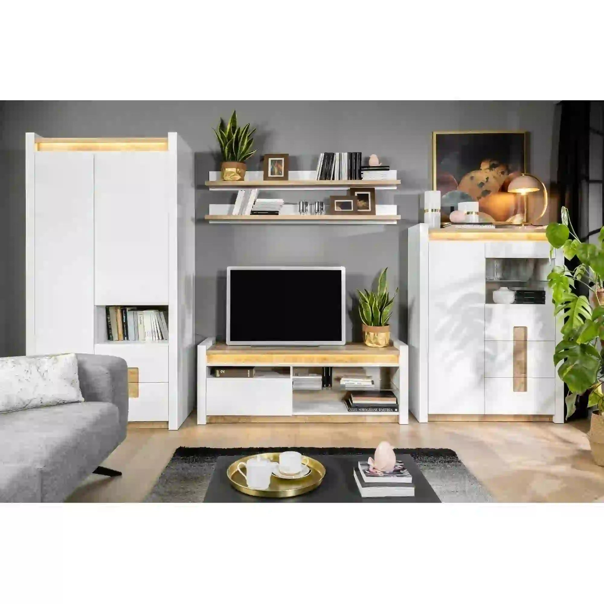 Vitrina ALAMEDA, alb/stejar, PAL/sticla securizata, 102x41x141 cm