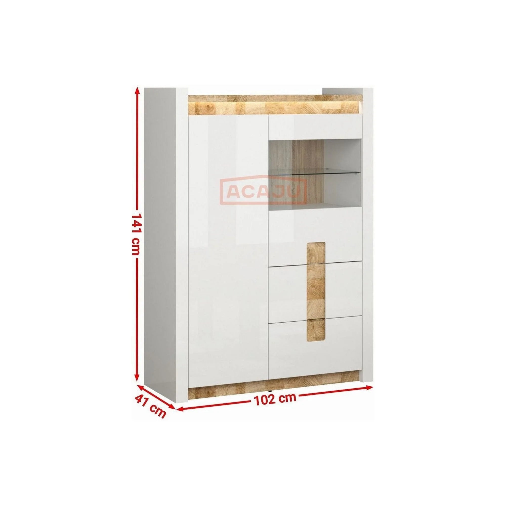 Vitrina ALAMEDA, alb/stejar, PAL/sticla securizata, 102x41x141 cm