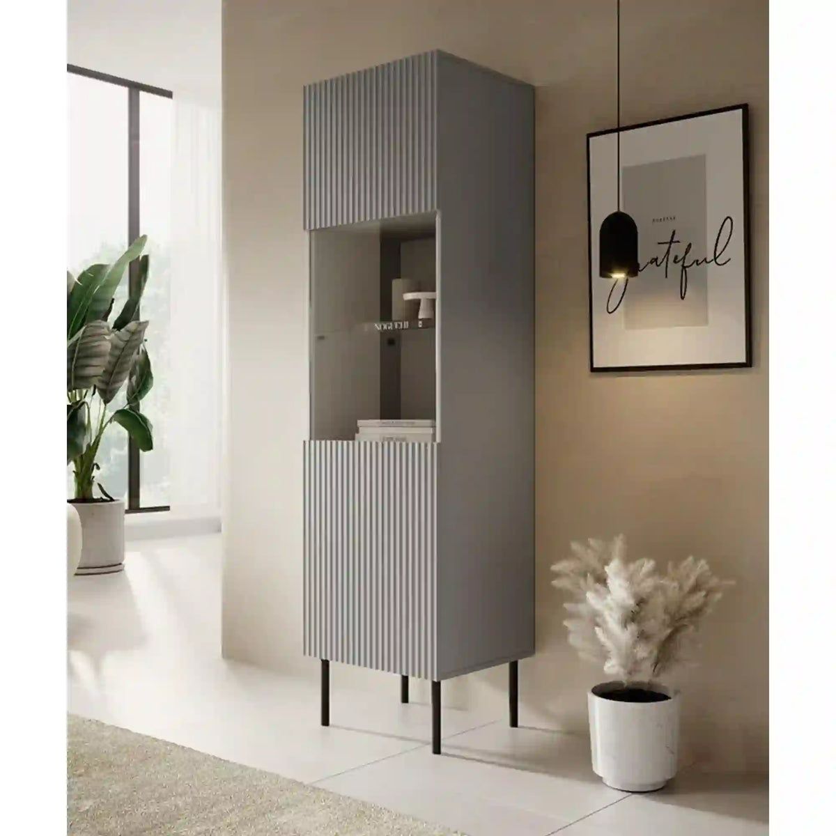Vitrina ASENSIO, gri mat, PAL/metal, 50x42x180 cm