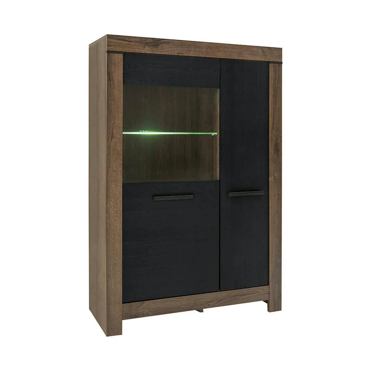 Vitrina BALIN, stejar/negru, PAL/sticla, cu iluminare LED, 101x40x149 cm