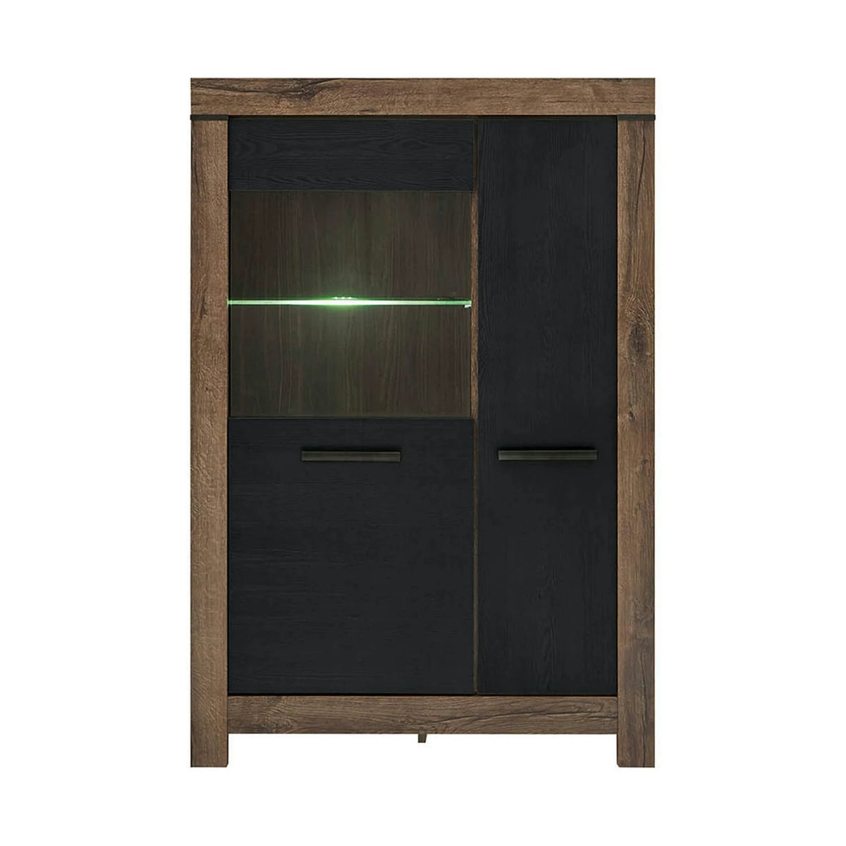 Vitrina BALIN, stejar/negru, PAL/sticla, cu iluminare LED, 101x40x149 cm