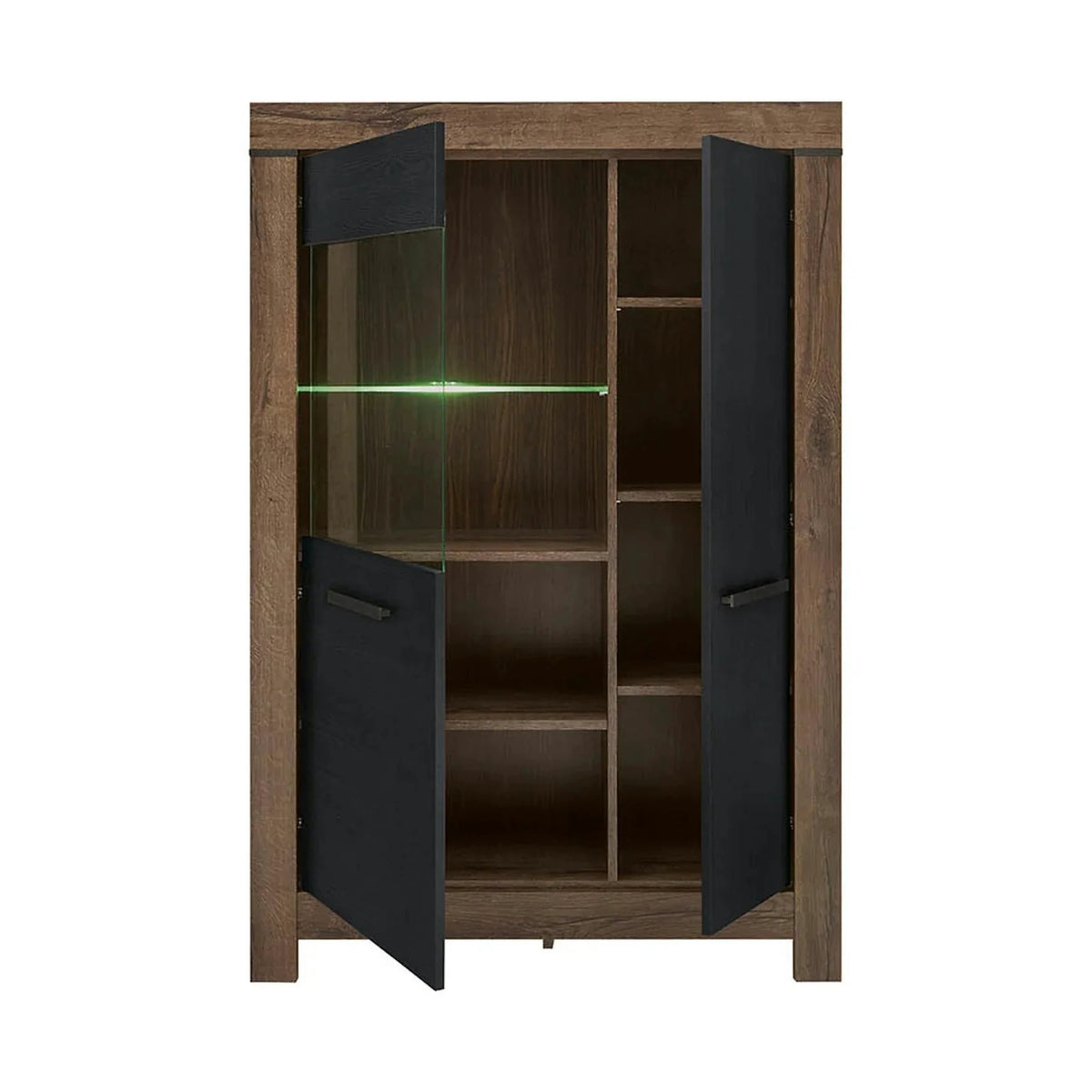 Vitrina BALIN, stejar/negru, PAL/sticla, cu iluminare LED, 101x40x149 cm