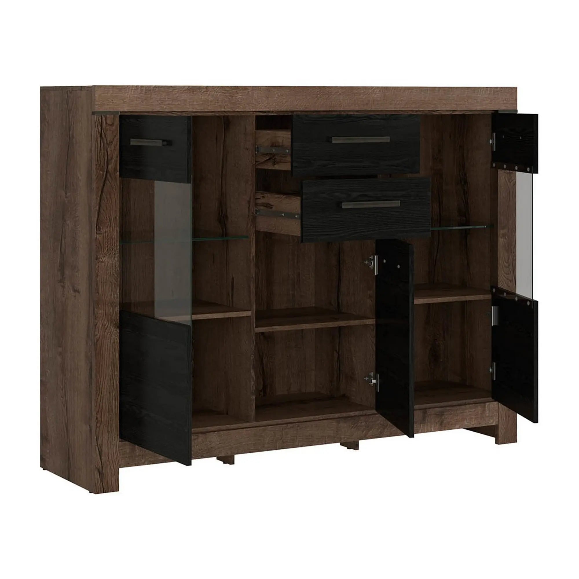 Vitrina BALIN, stejar/negru, PAL/sticla, cu iluminare LED, 160x45x125 cm