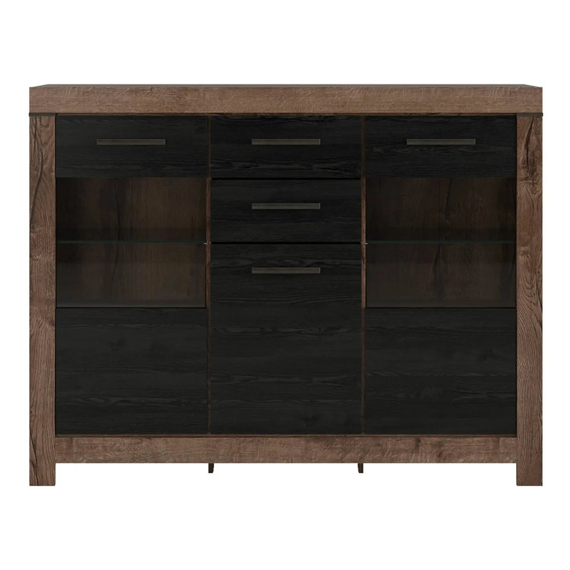 Vitrina BALIN, stejar/negru, PAL/sticla, cu iluminare LED, 160x45x125 cm