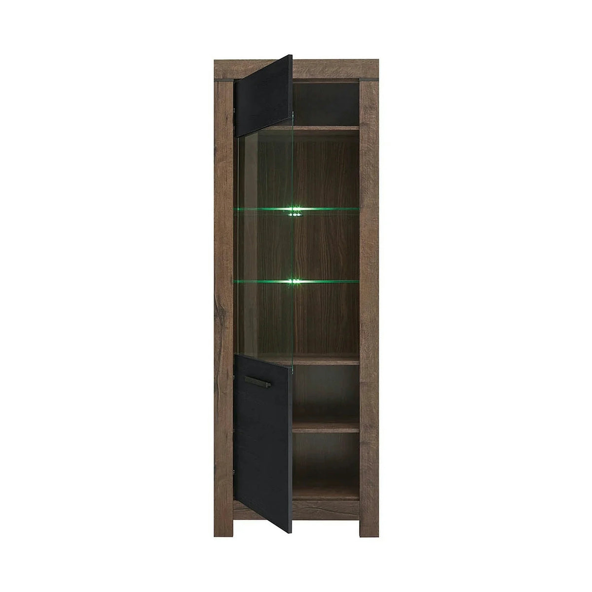 Vitrina BALIN, stejar/negru, PAL/sticla, cu iluminare LED, 68x40x197 cm