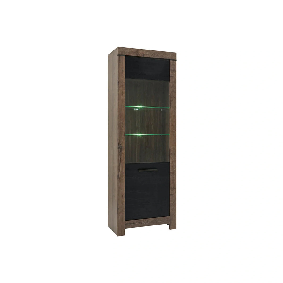Vitrina BALIN, stejar/negru, PAL/sticla, cu iluminare LED, 68x40x197 cm