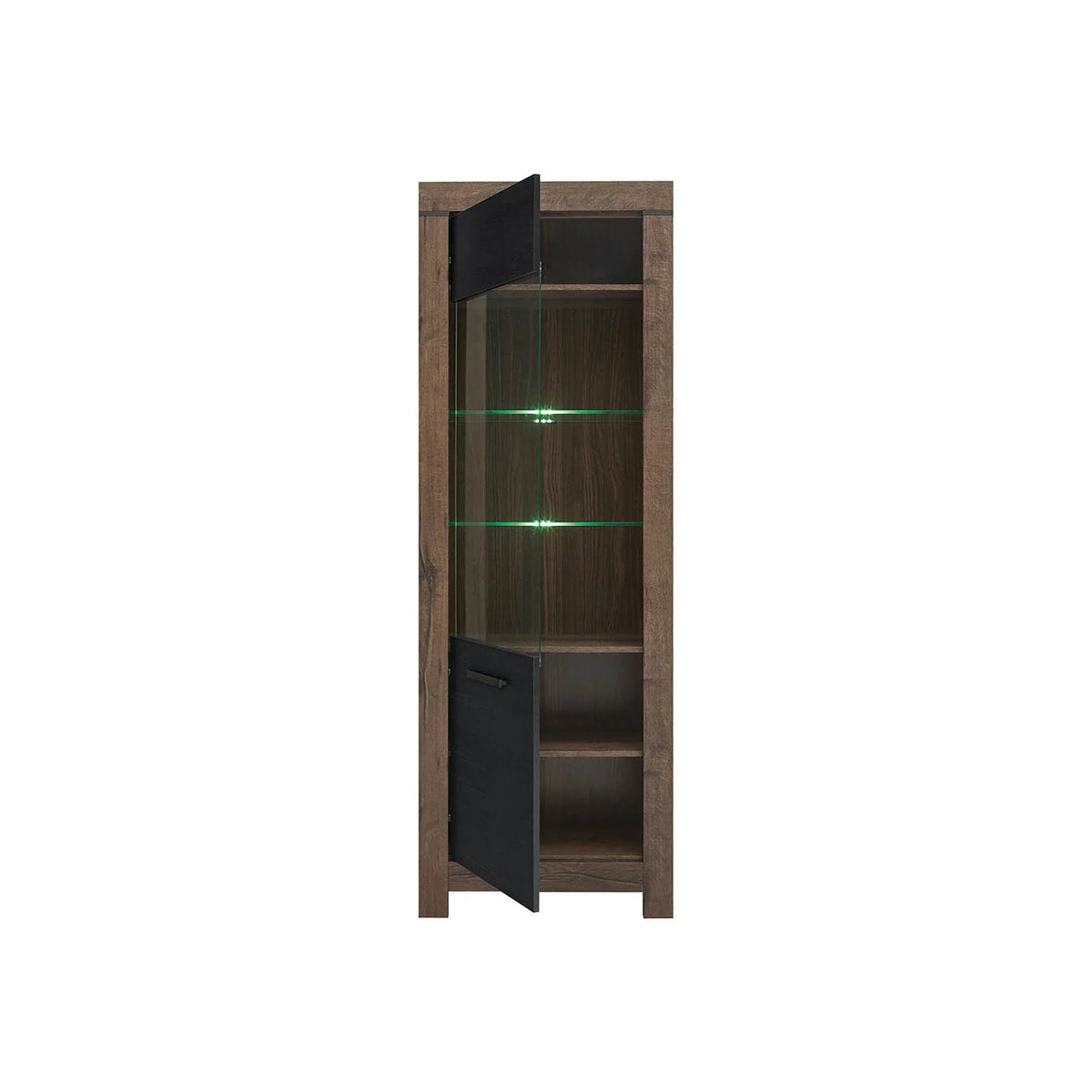 Vitrina BALIN, stejar/negru, PAL/sticla, cu iluminare LED, 68x40x197 cm