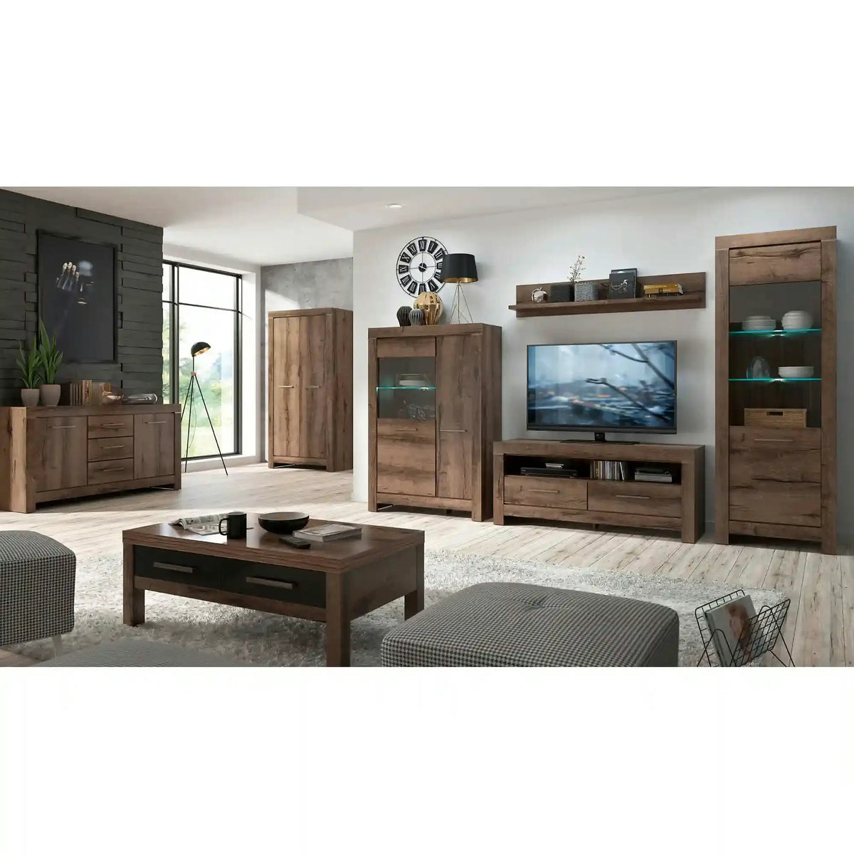 Vitrina BALIN, stejar, PAL/sticla, cu iluminare LED, 68x40x197 cm
