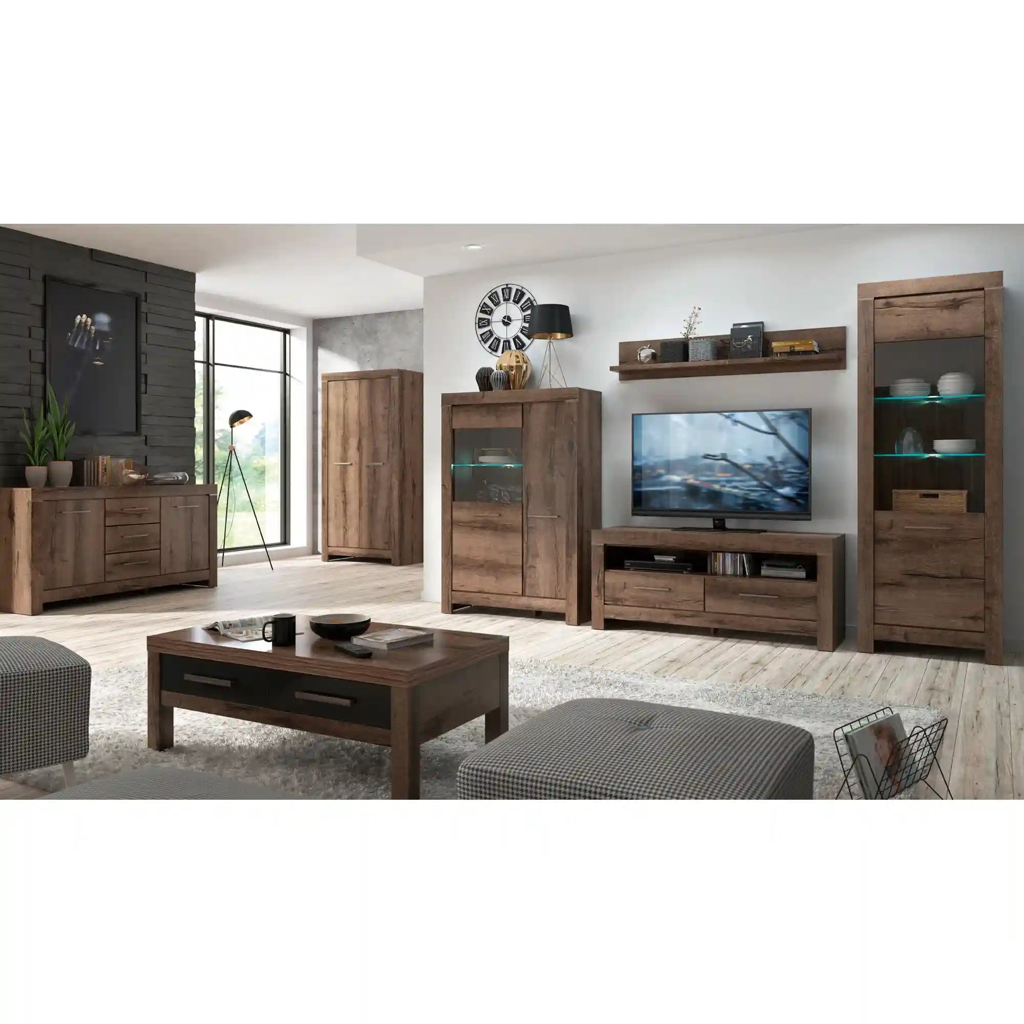 Vitrina BALIN, stejar, PAL/sticla, cu iluminare LED, 68x40x197 cm