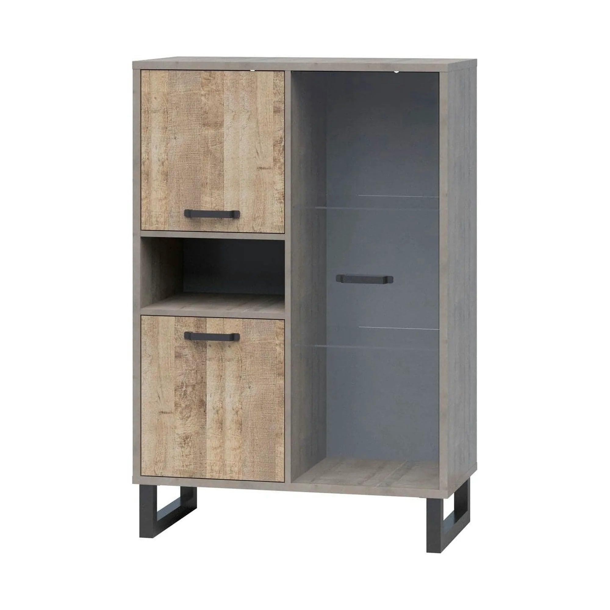 Vitrina BARI, gri/stejar, PAL laminat/sticla/metal, 90x45x134 cm