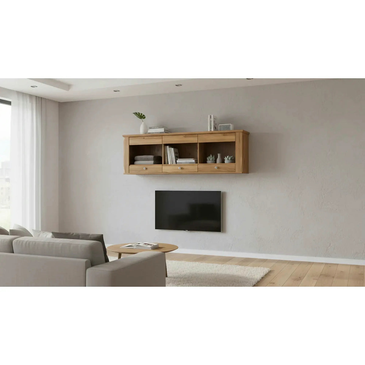 Vitrina BERGEB SFW3W, stejar, PAL/sticla securizata, 156x34x50 cm