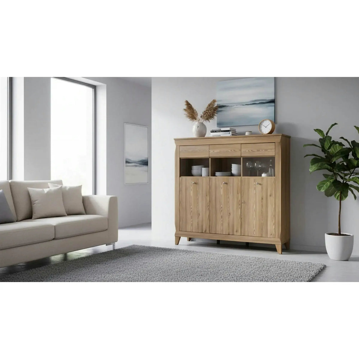 Vitrina BERGEN REG3W, stejar, PAL/sticla securizata, 156x47x151 cm