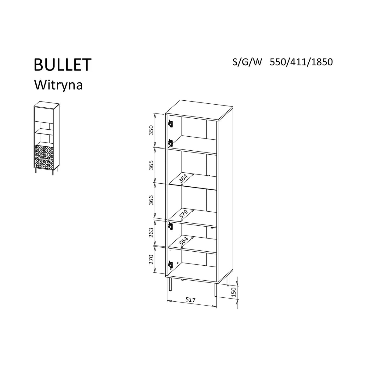 Vitrina BULLET, negru mat, PAL, 55x41x185 cm