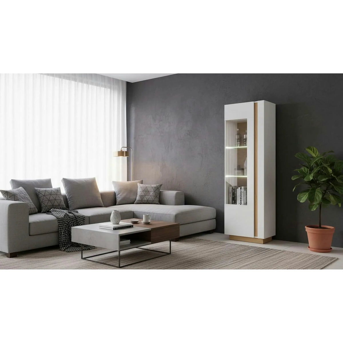 Vitrina CITY, alb/stejar, PAL melaminat/sticla, 60x40x194 cm