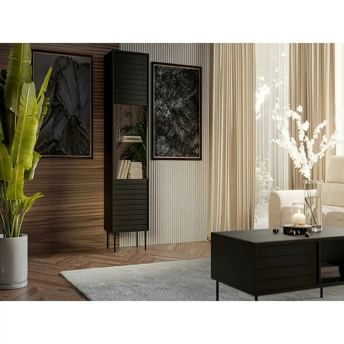 Vitrina CORTINA, negru, PAL laminat/sticla, 53x40x182 cm