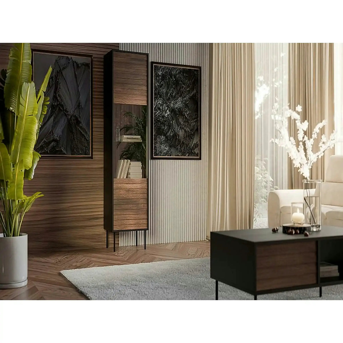 Vitrina CORTINA, nuc/negru, PAL laminat/sticla, 53x40x182 cm