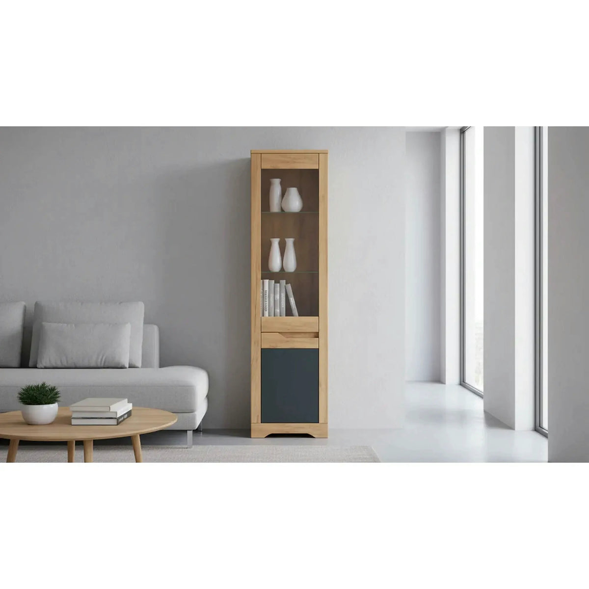 Vitrina FIDEL A1, stejar artisan/gri grafit, PAL laminat/sticla, 55x42x201 cm
