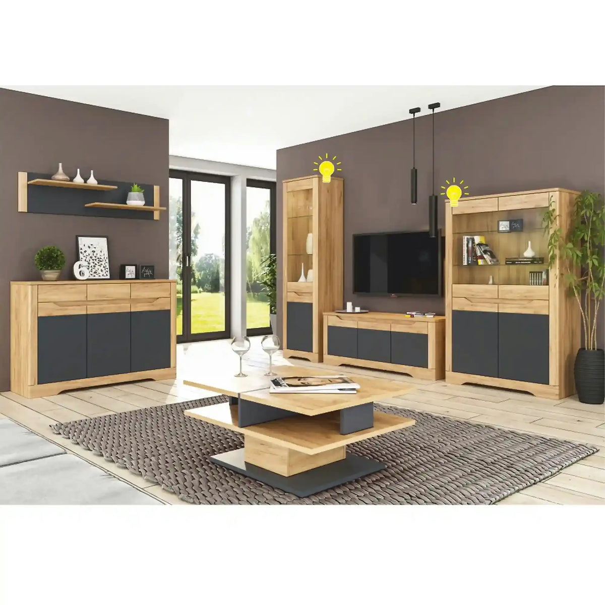 Vitrina FIDEL A1, stejar artisan/gri grafit, PAL laminat/sticla, 55x42x201 cm