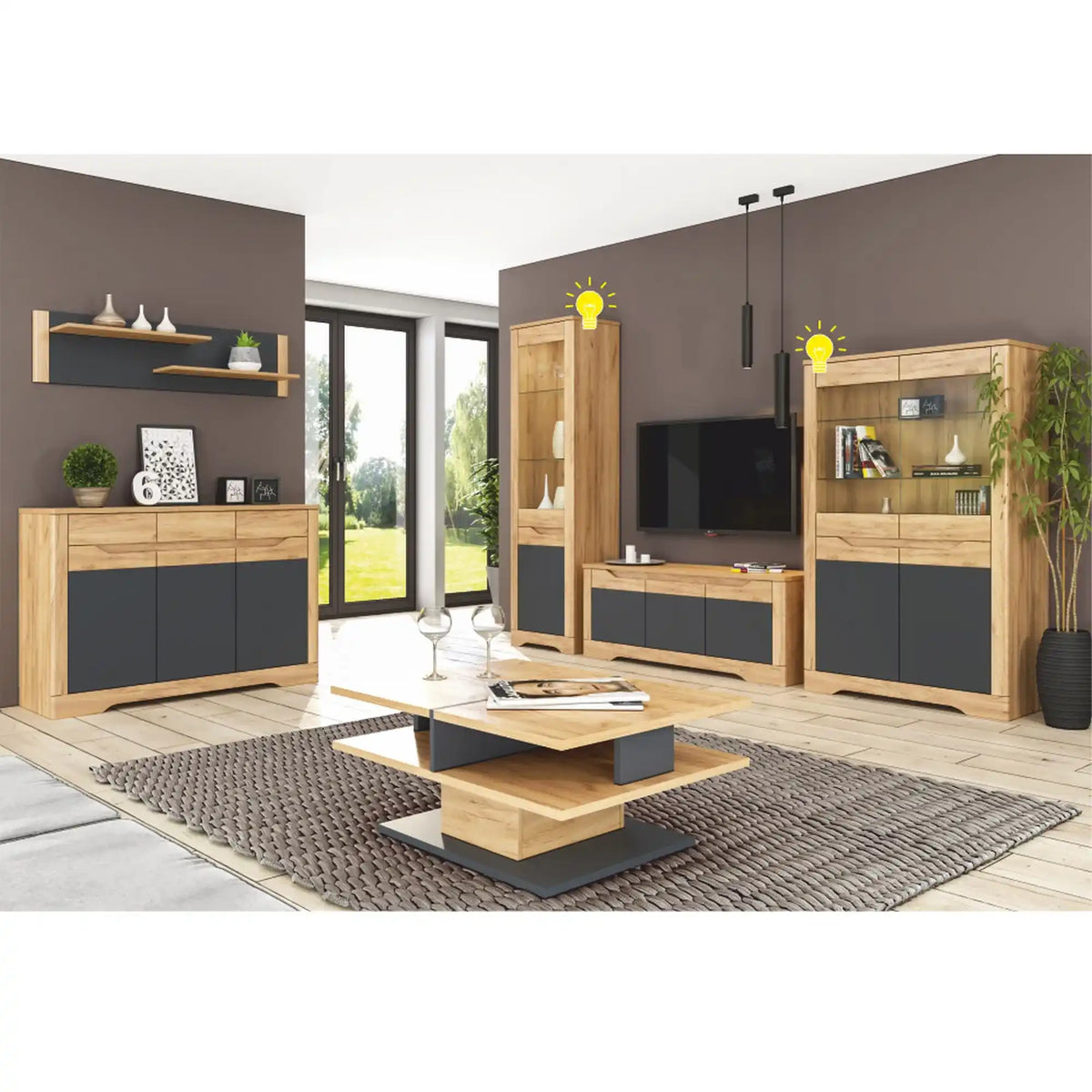 Vitrina FIDEL C, stejar artisan/gri grafit, PAL laminat, 95x42x160 cm