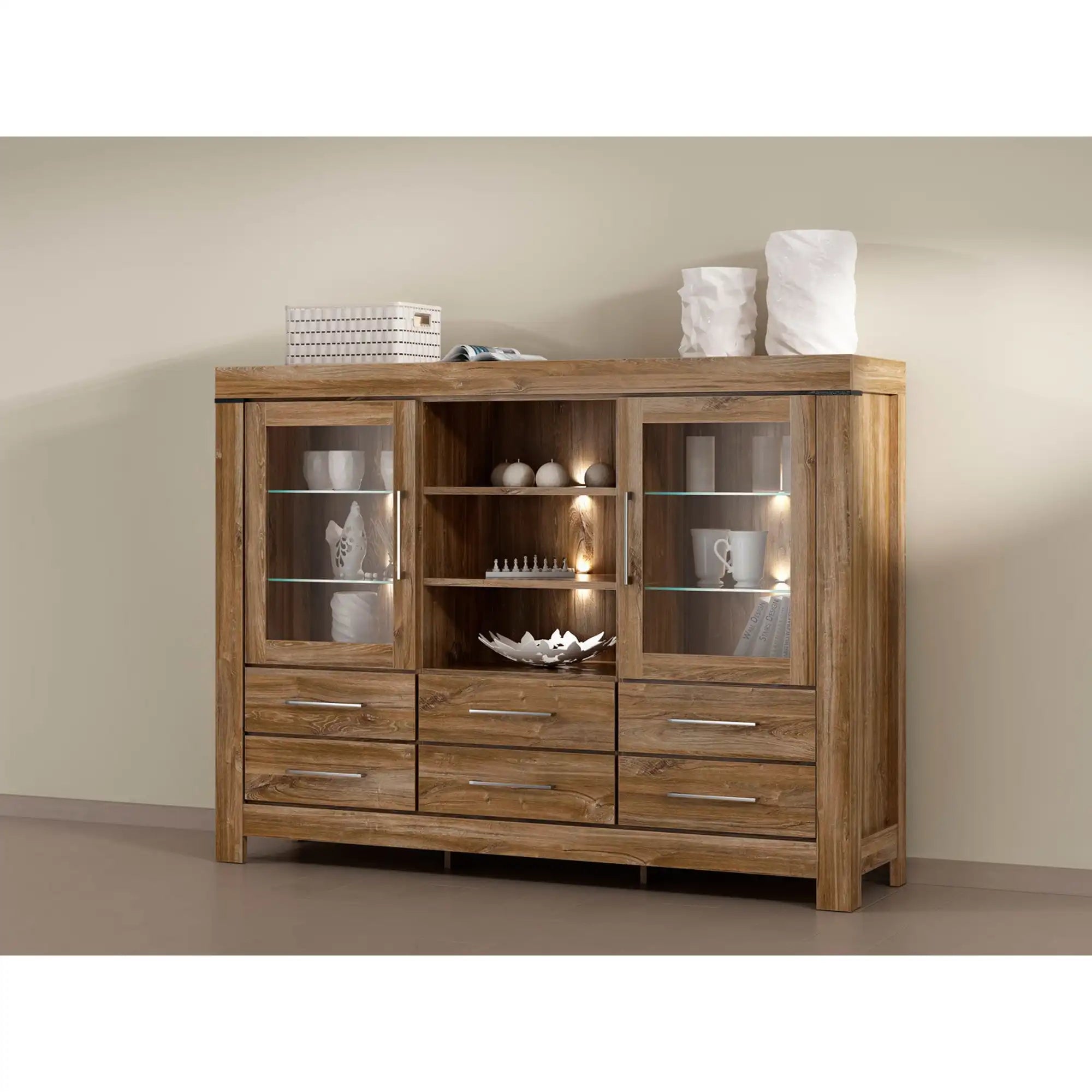 Vitrina GENT, stejar stirling, PAL/sticla, cu iluminare LED, 166x42x125 cm