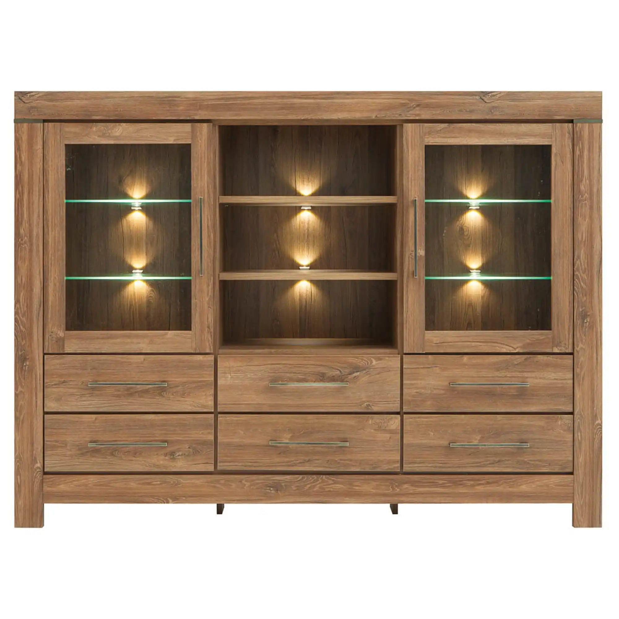 Vitrina GENT, stejar stirling, PAL/sticla, cu iluminare LED, 166x42x125 cm