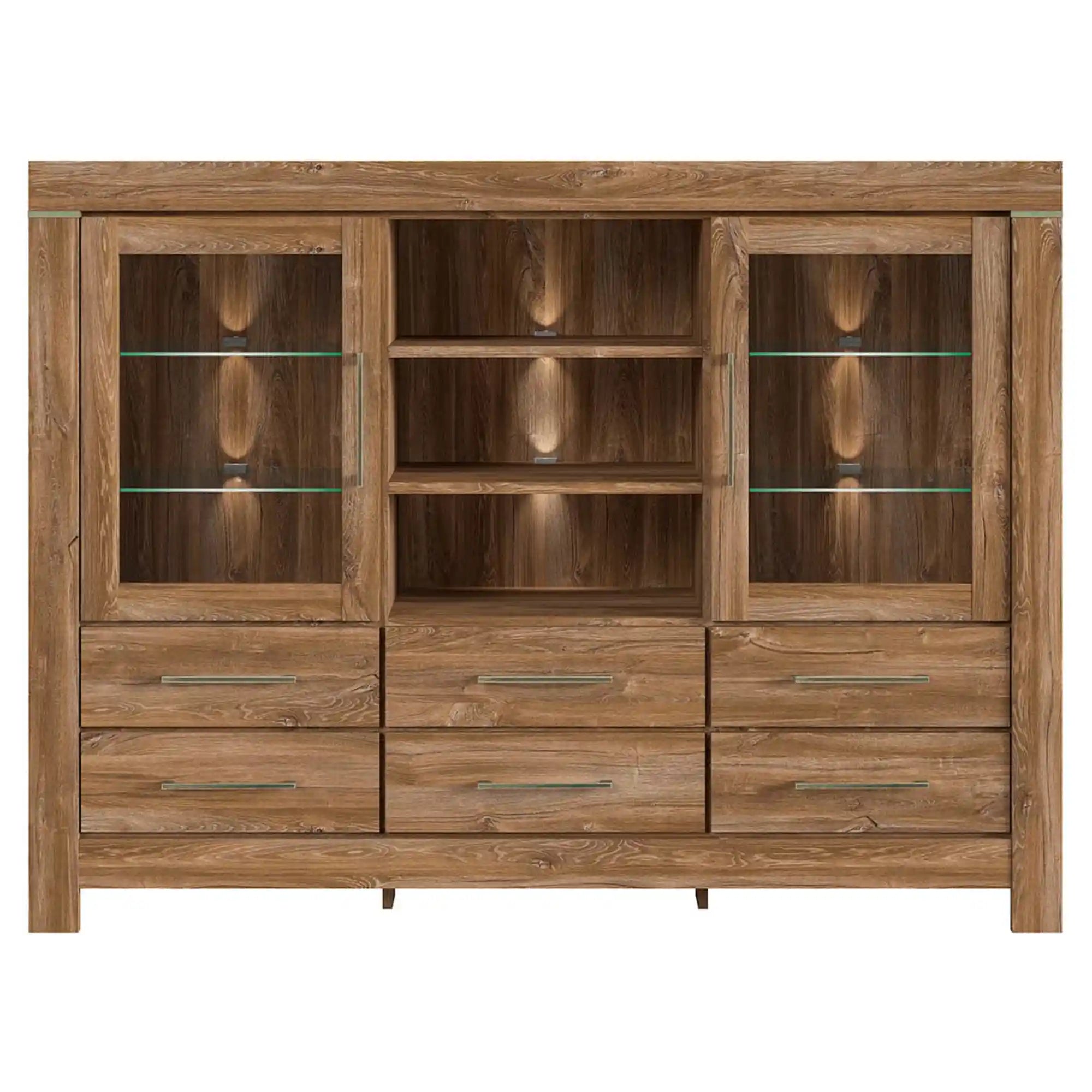 Vitrina GENT, stejar stirling, PAL/sticla, cu iluminare LED, 166x42x125 cm