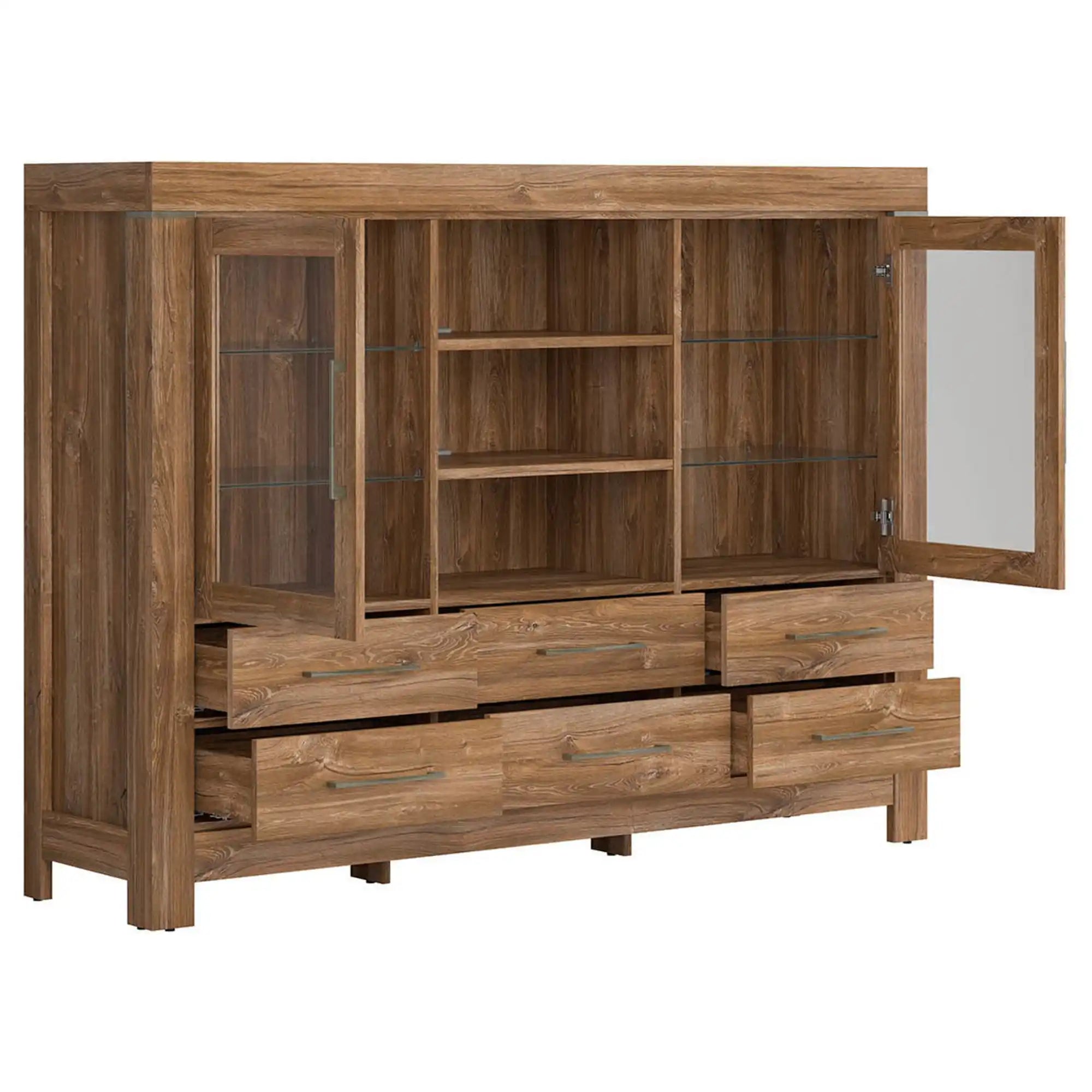 Vitrina GENT, stejar stirling, PAL/sticla, cu iluminare LED, 166x42x125 cm