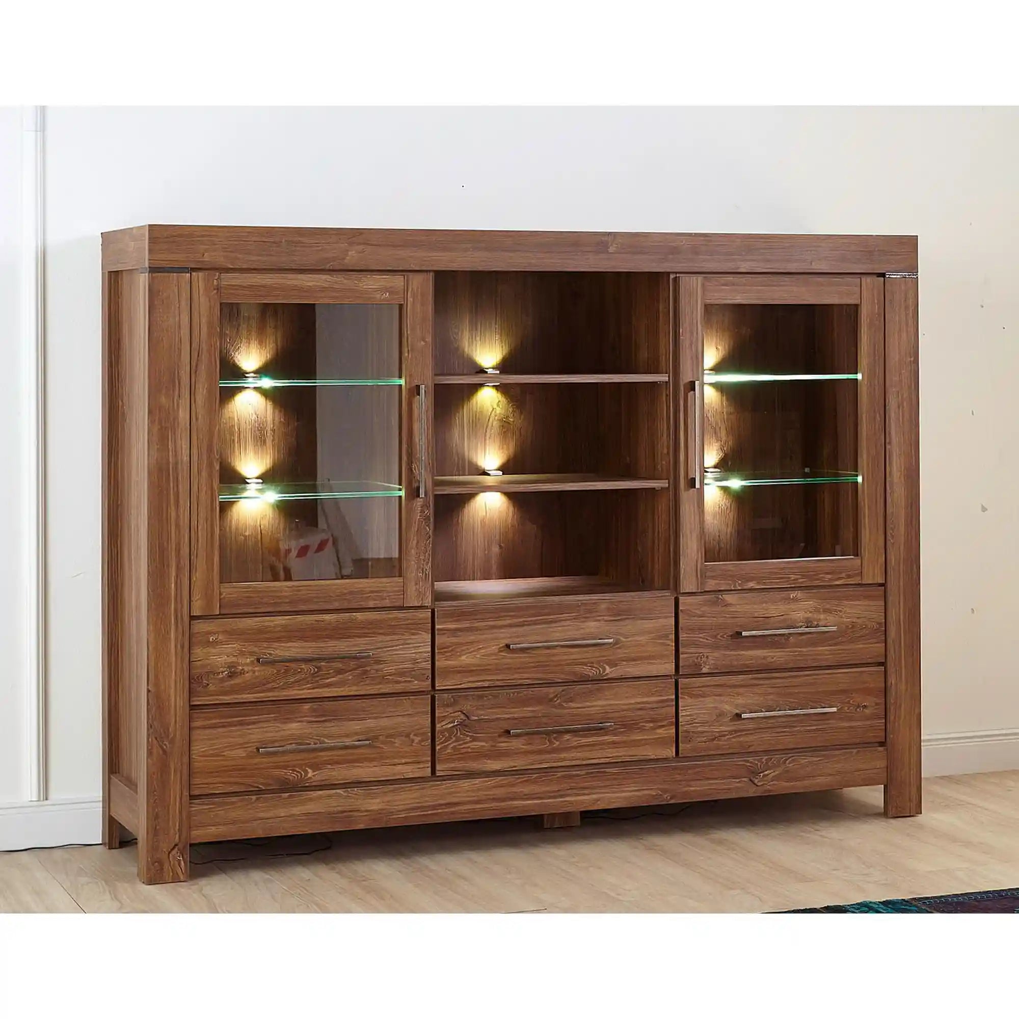 Vitrina GENT, stejar stirling, PAL/sticla, cu iluminare LED, 166x42x125 cm